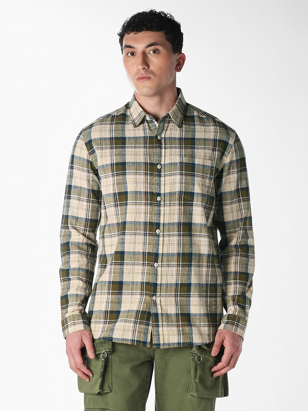 Beige Check Print Shirt