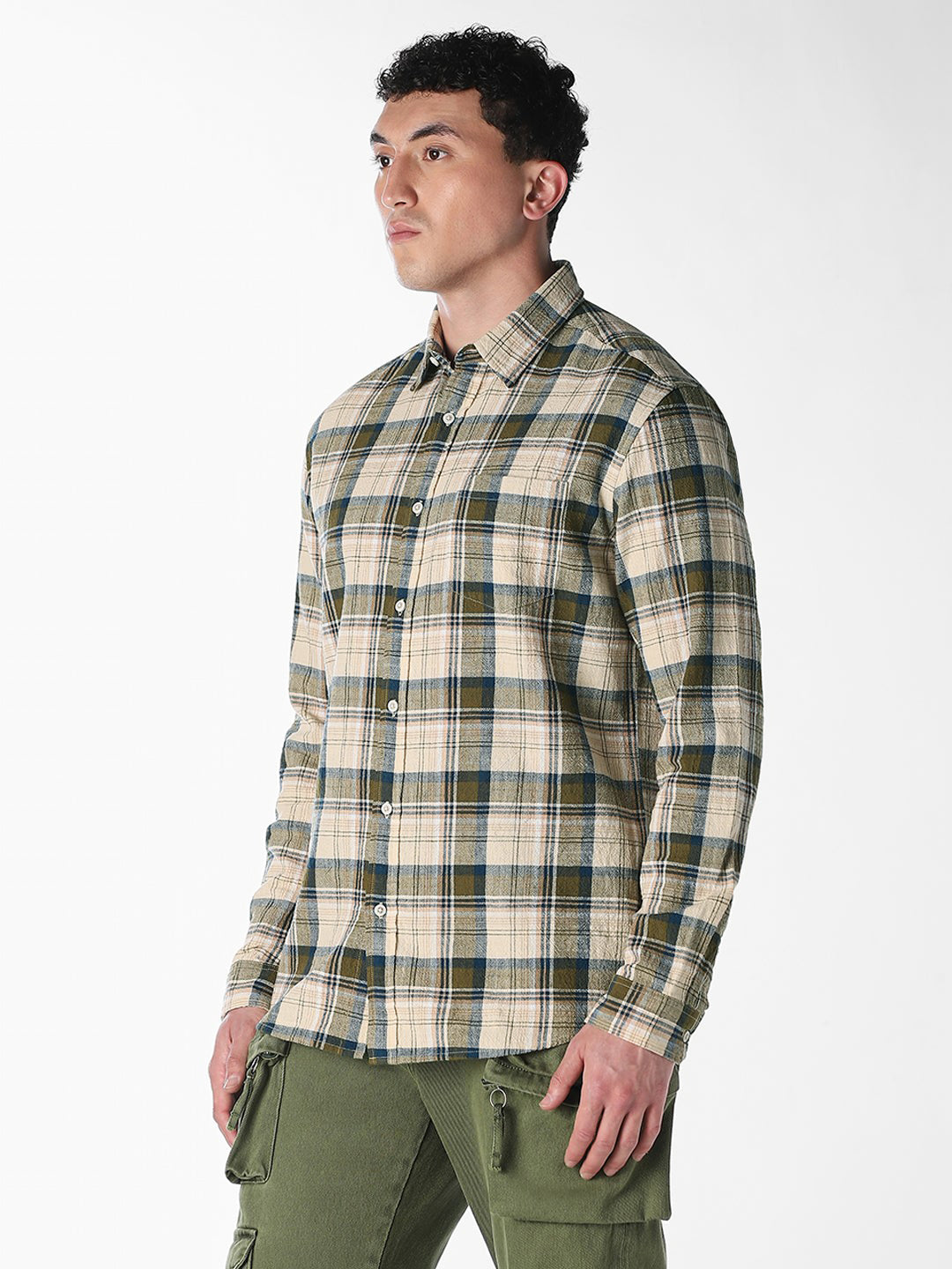 Beige Check Print Shirt