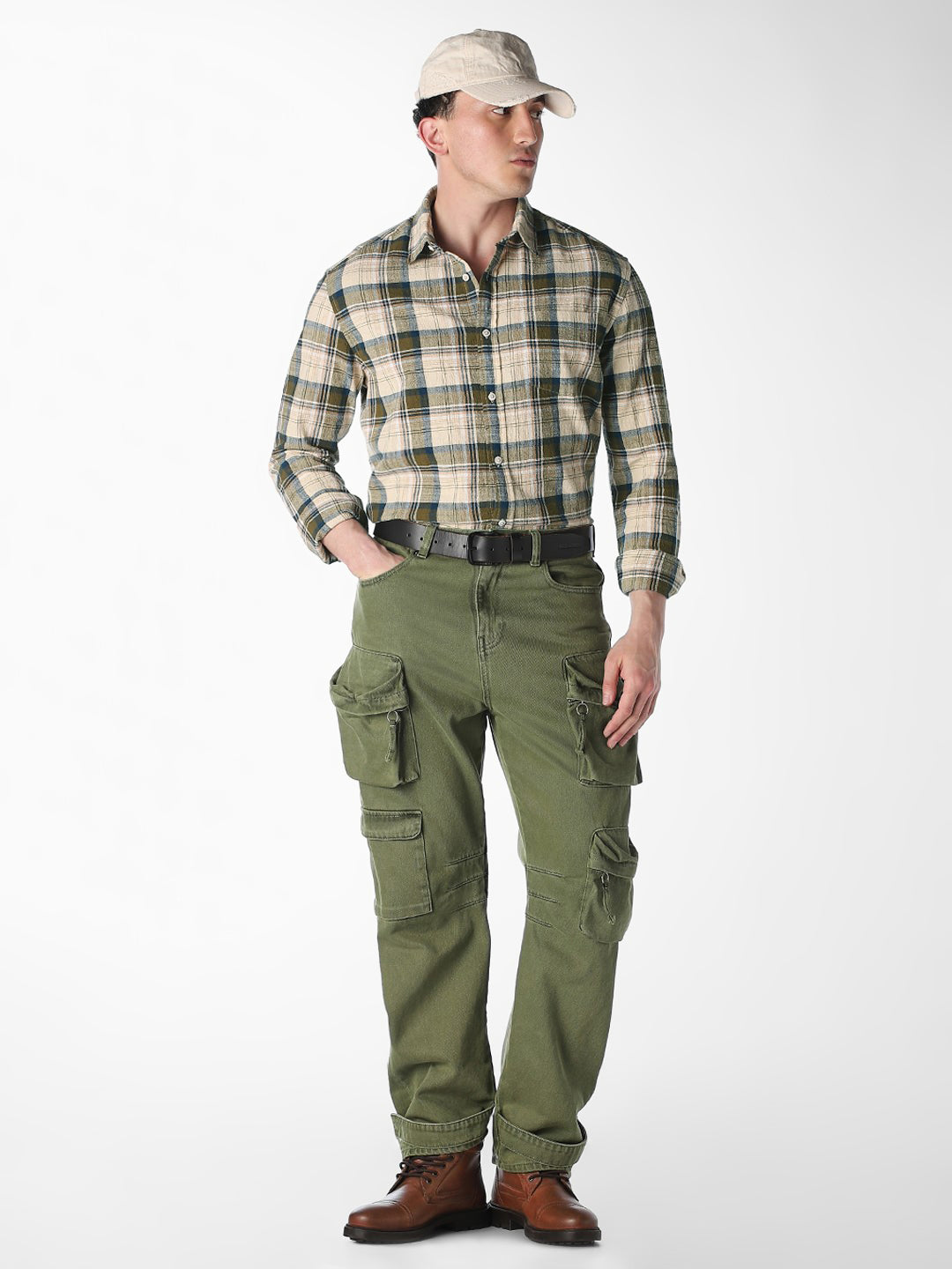 Beige Check Print Shirt