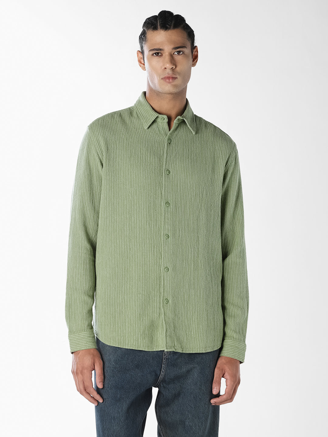 Green Textured Full Sleeves Shirt