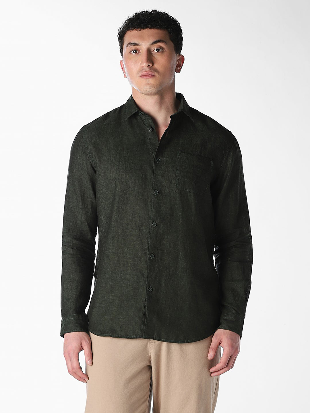 Dark Green Linen Regular Fit Shirt
