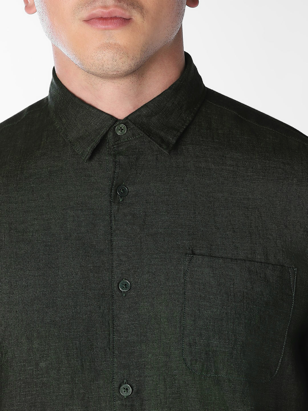 Dark Green Linen Regular Fit Shirt