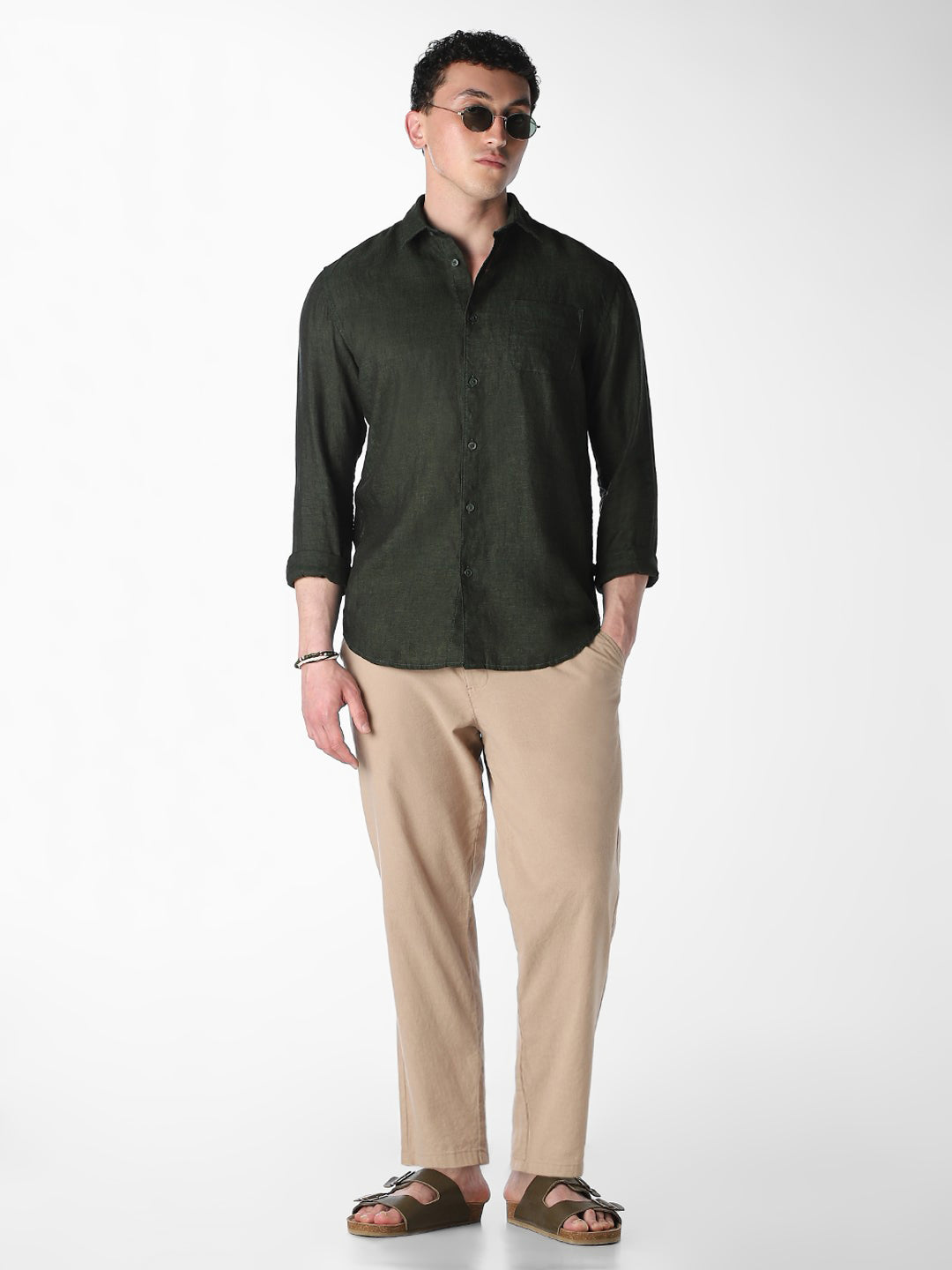 Dark Green Linen Regular Fit Shirt