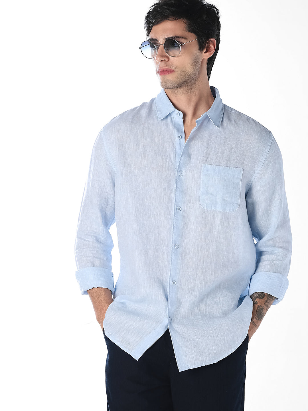 Light Blue Linen Regular Fit Shirt