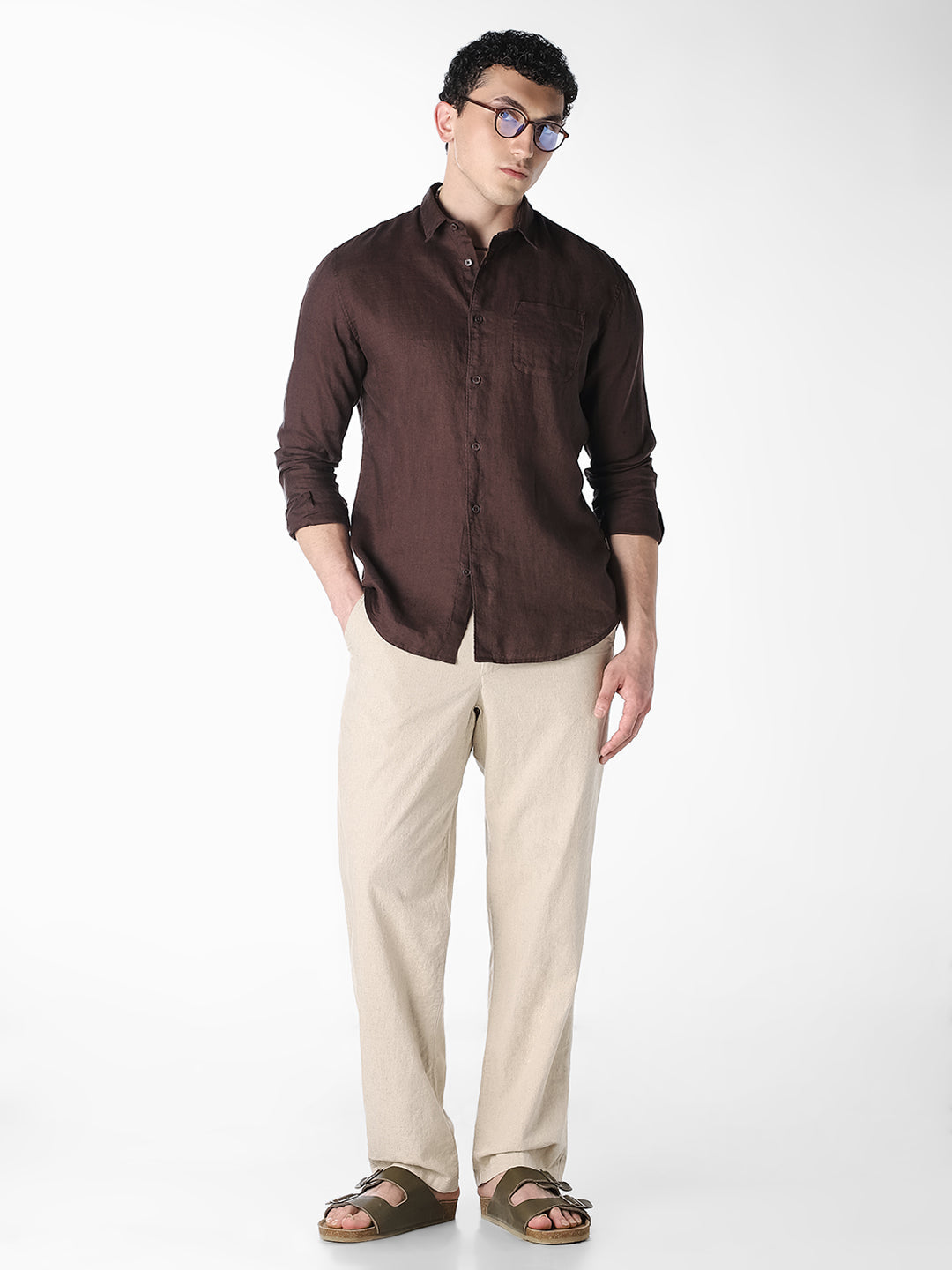 Dark Brown Linen Regular Fit Shirt