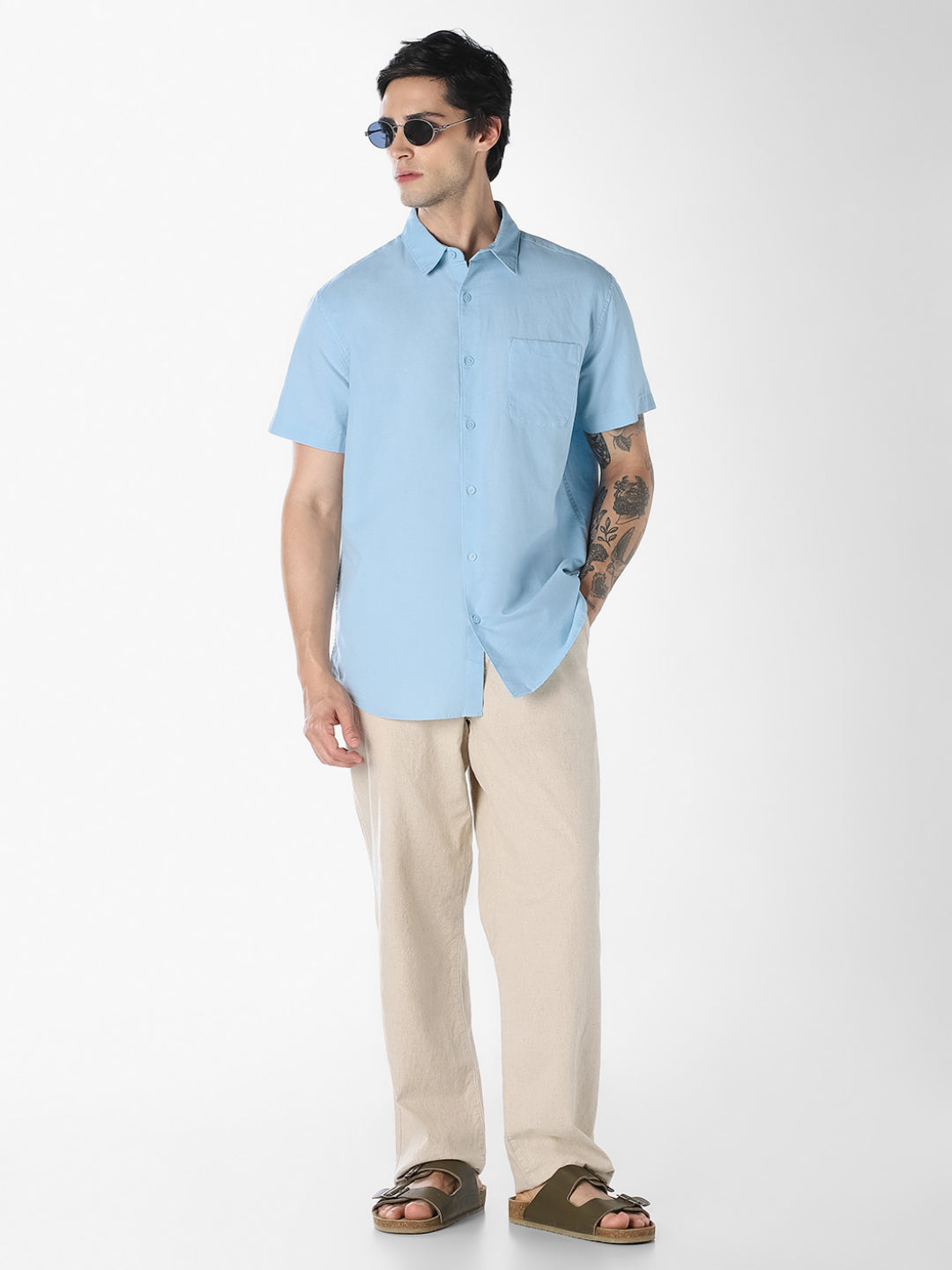 Blue Linen Short Sleeves Shirt