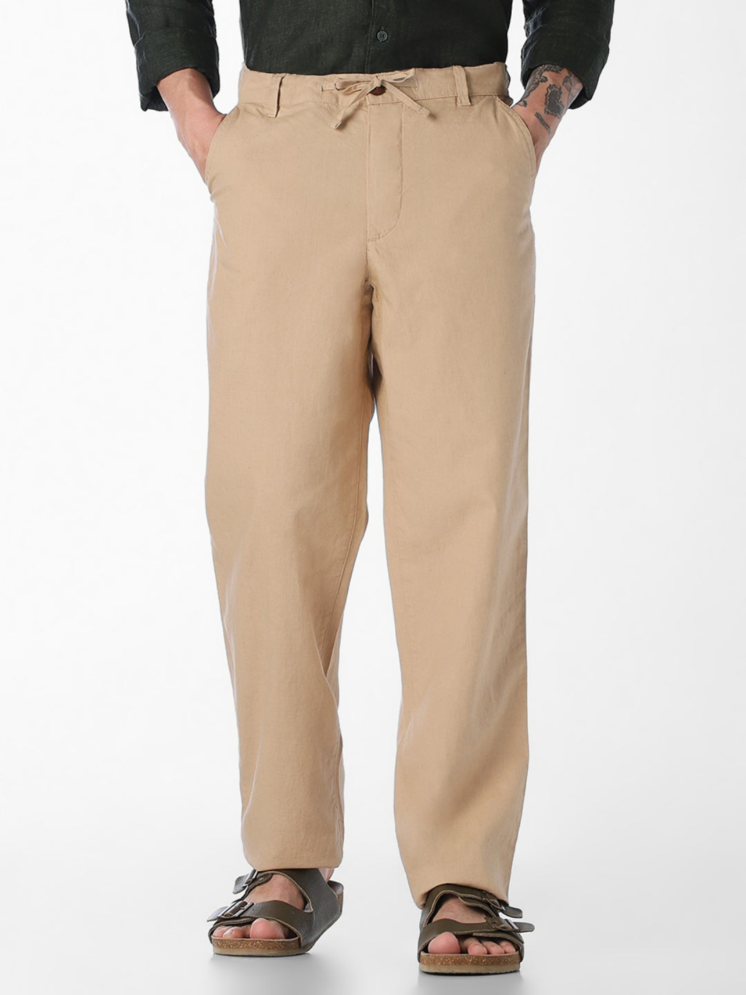 Men Khaki Linen Blend Regular Fit Chinos
