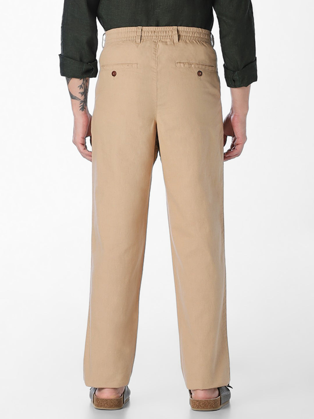 Men Khaki Linen Blend Regular Fit Chinos