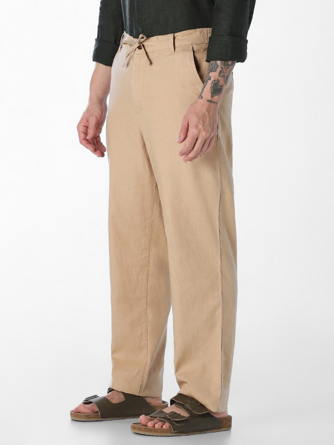 Men Khaki Linen Blend Regular Fit Chinos
