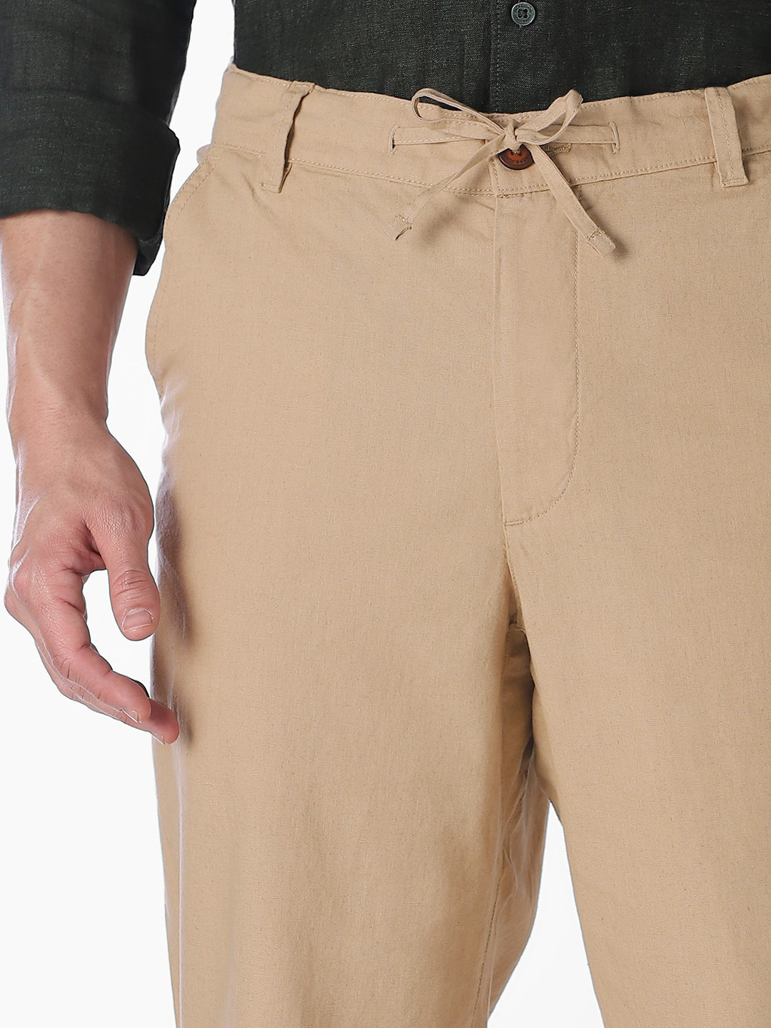 Men Khaki Linen Blend Regular Fit Chinos