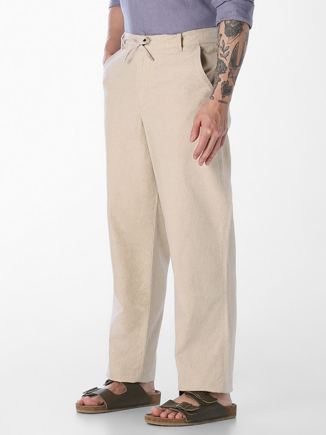 Men's Linen Blend Beige Solid Regular Fit Chinos