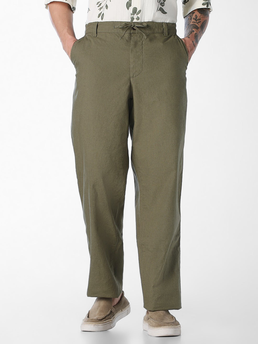 Men Olive Linen Blend Regular Fit Chinos