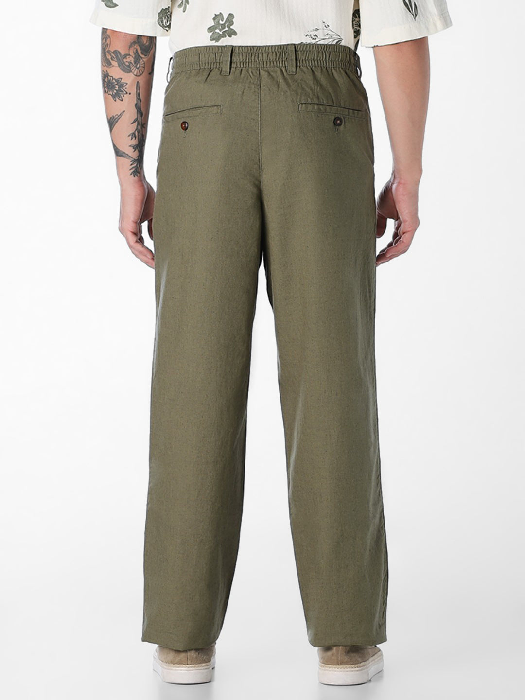 Men Olive Linen Blend Regular Fit Chinos