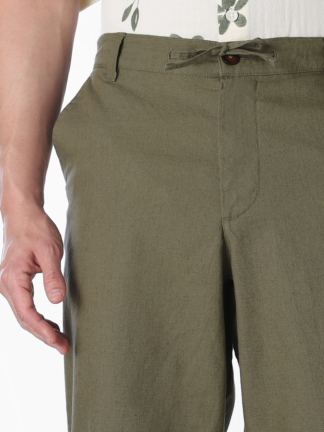 Men Olive Linen Blend Regular Fit Chinos