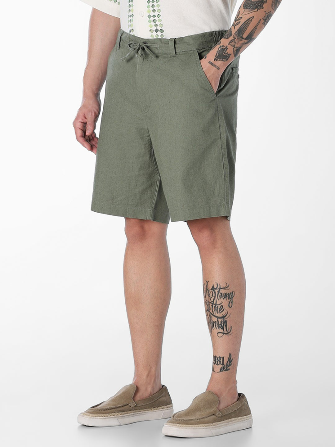 Green Linen Blend Chino Shorts