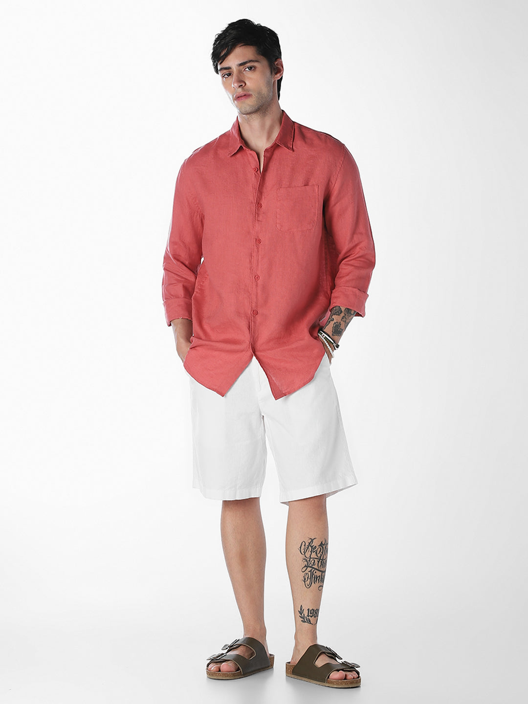 White Linen Blend Chino Shorts