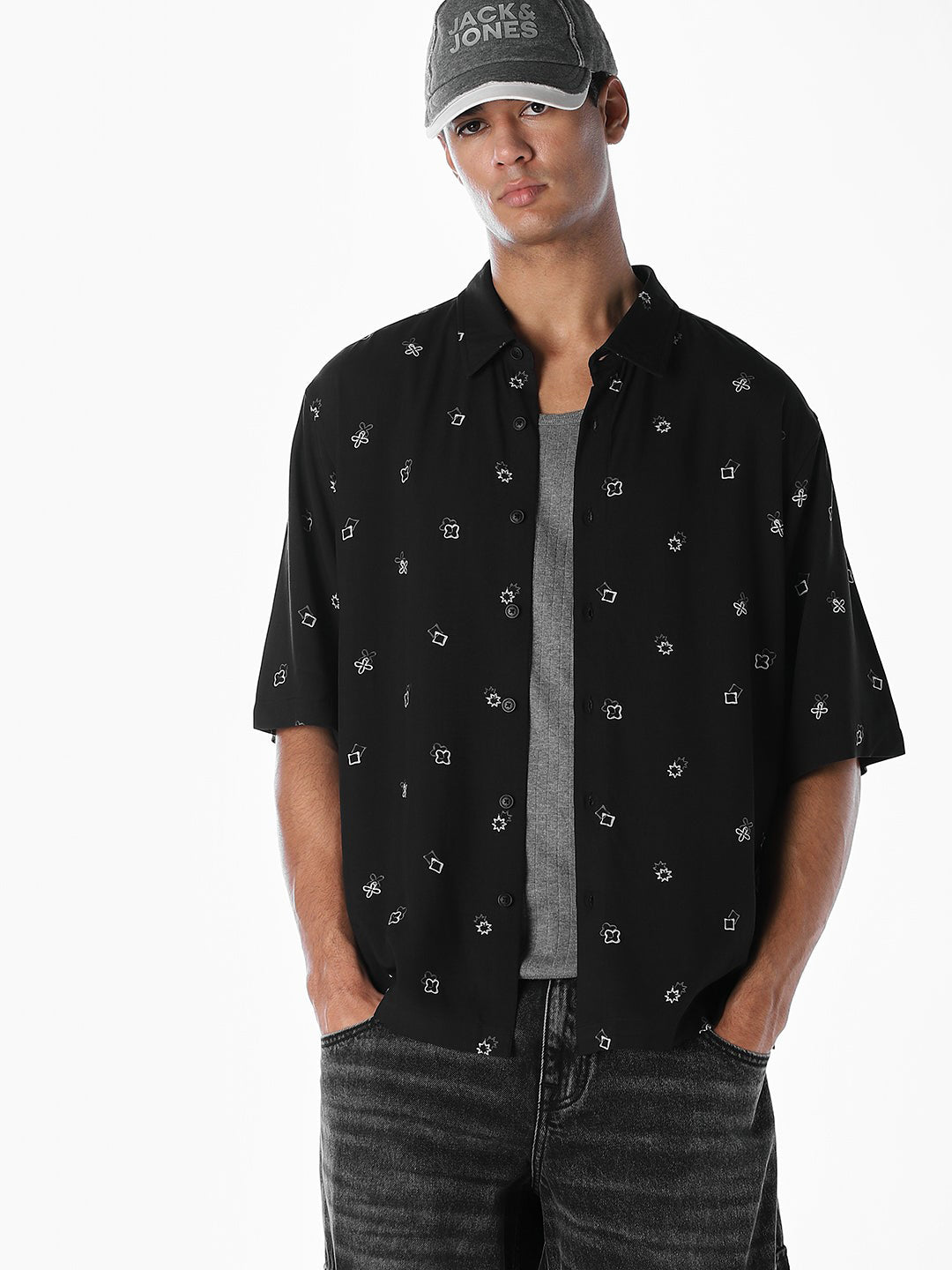 Black Printed Oversized Shirt