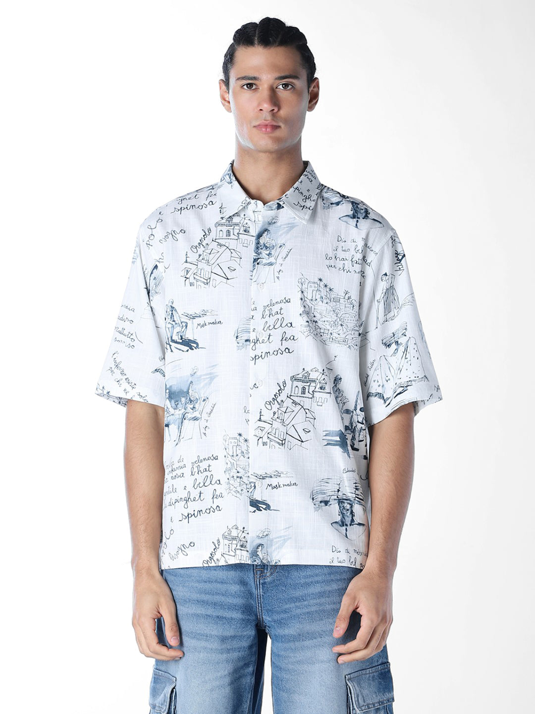 Linen Blend Printed Oversized Shirt
