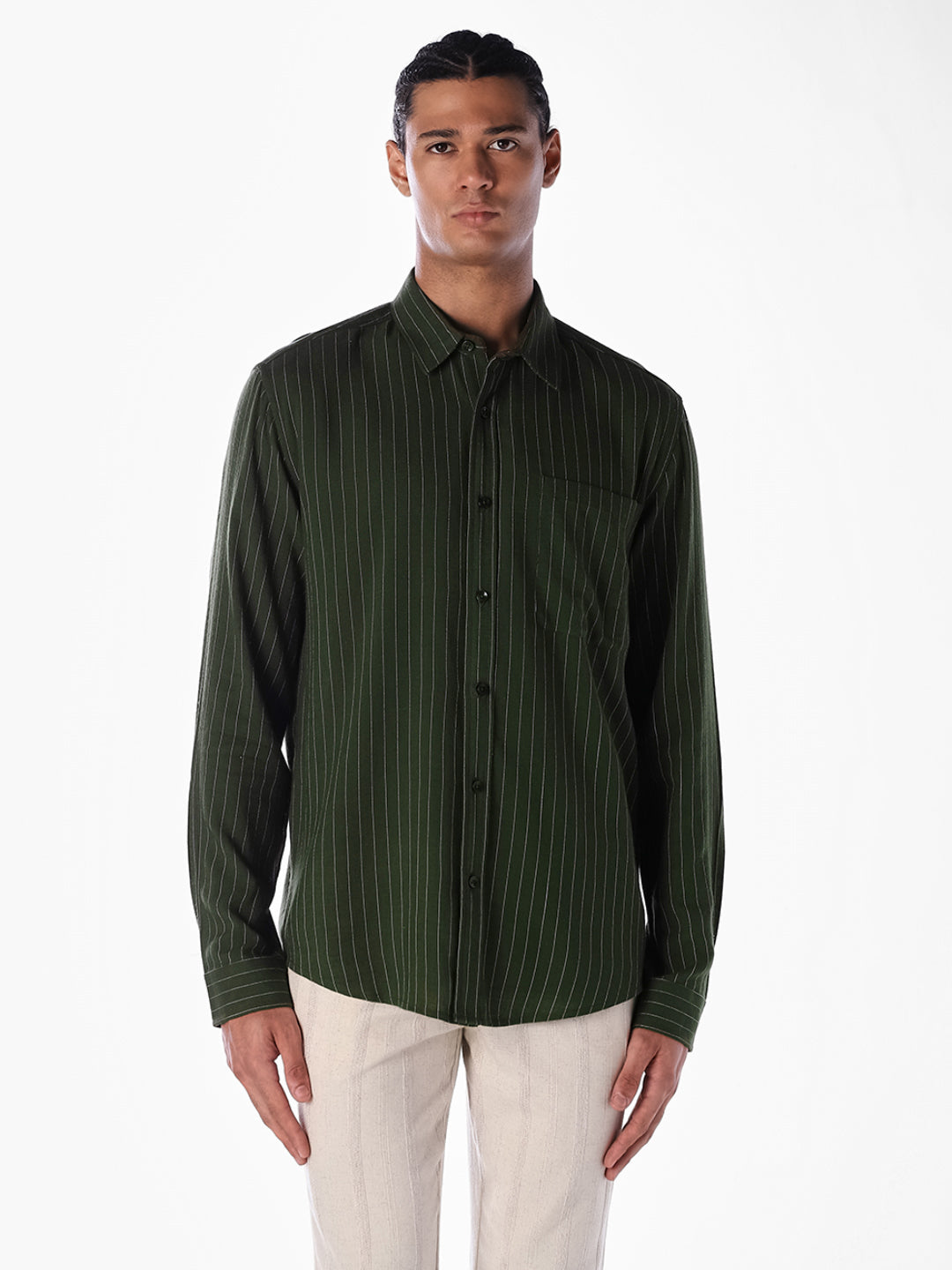 Dark Green Striped Regular Fit Shirt
