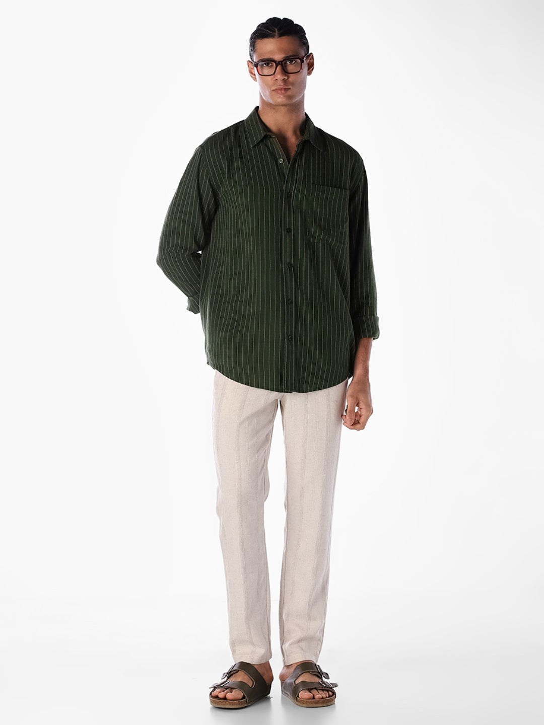 Dark Green Striped Regular Fit Shirt