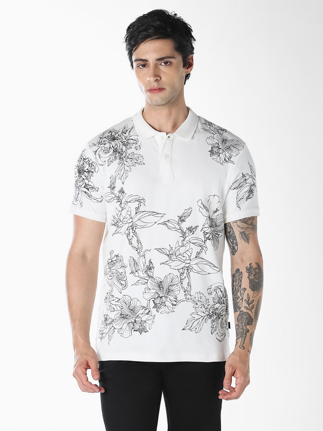 White Floral Print Cotton Polo