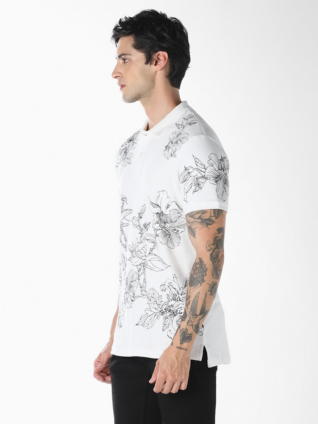 White Floral Print Cotton Polo