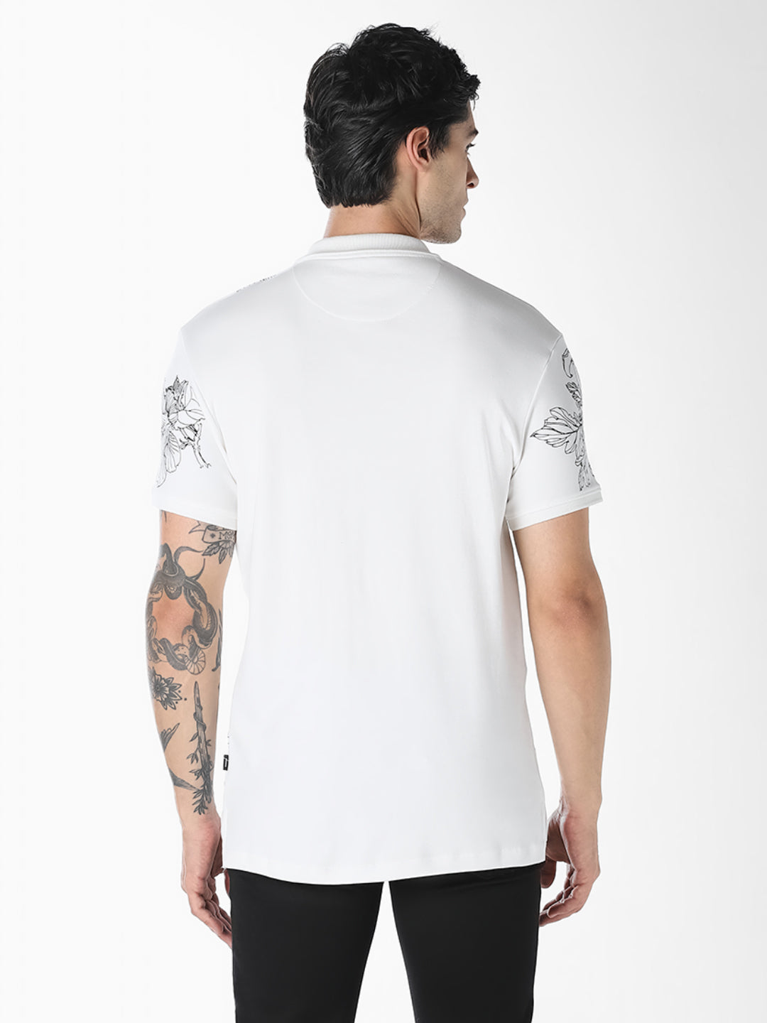 White Floral Print Cotton Polo