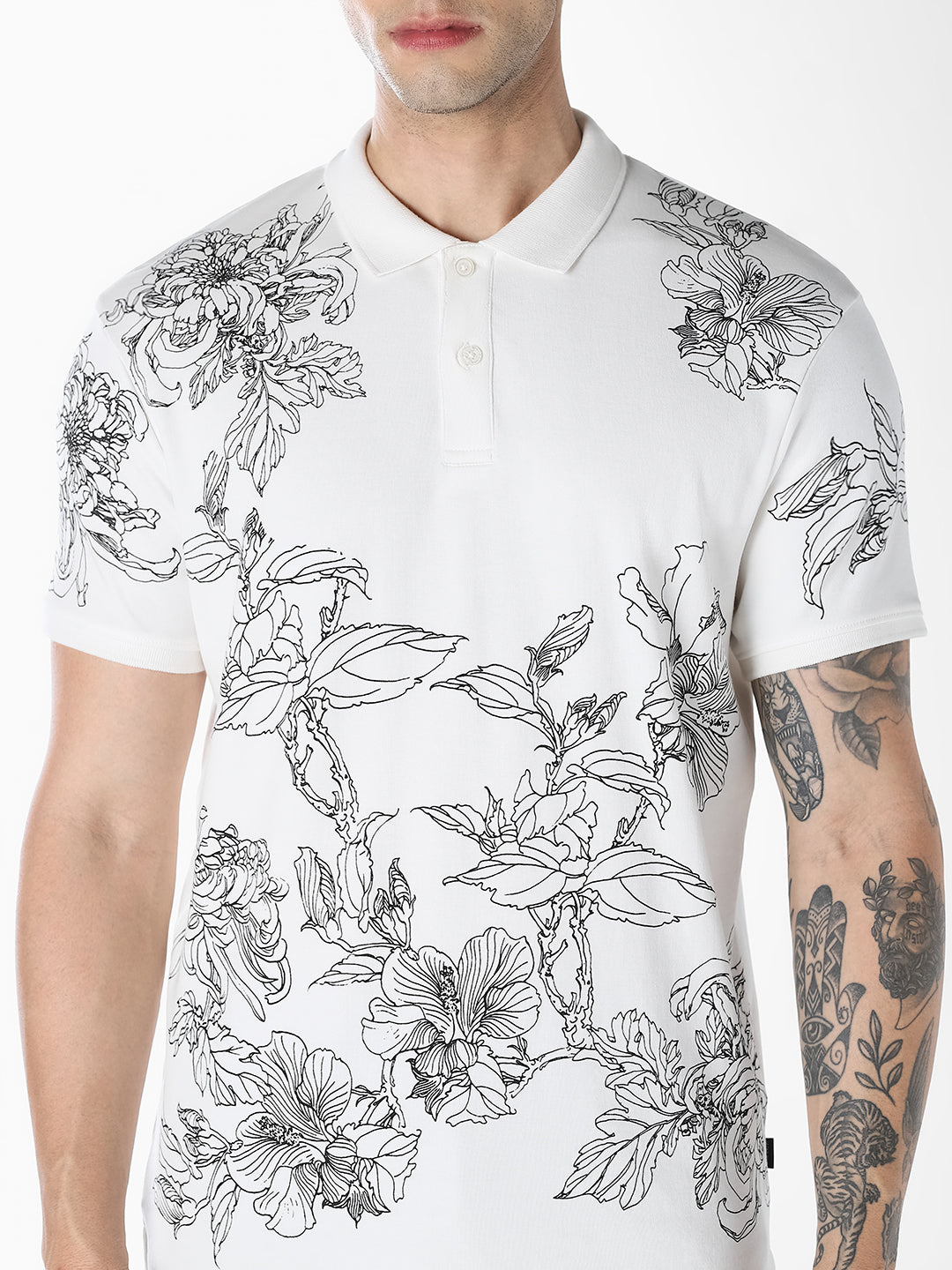 White Floral Print Cotton Polo