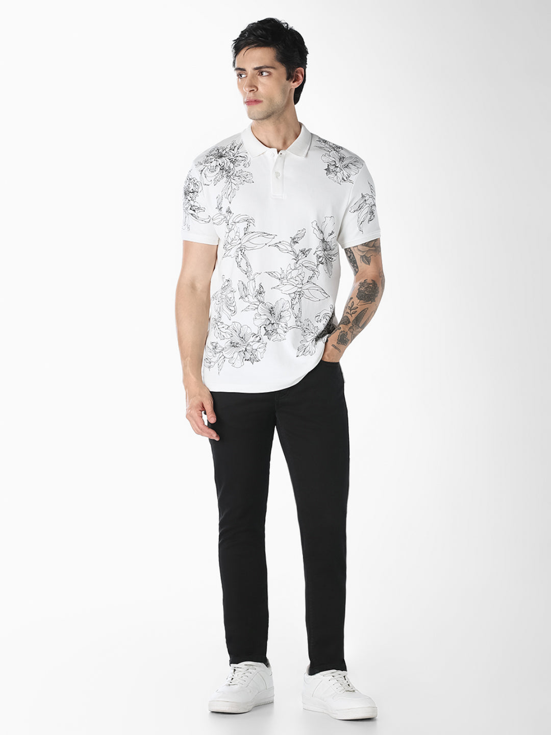 White Floral Print Cotton Polo