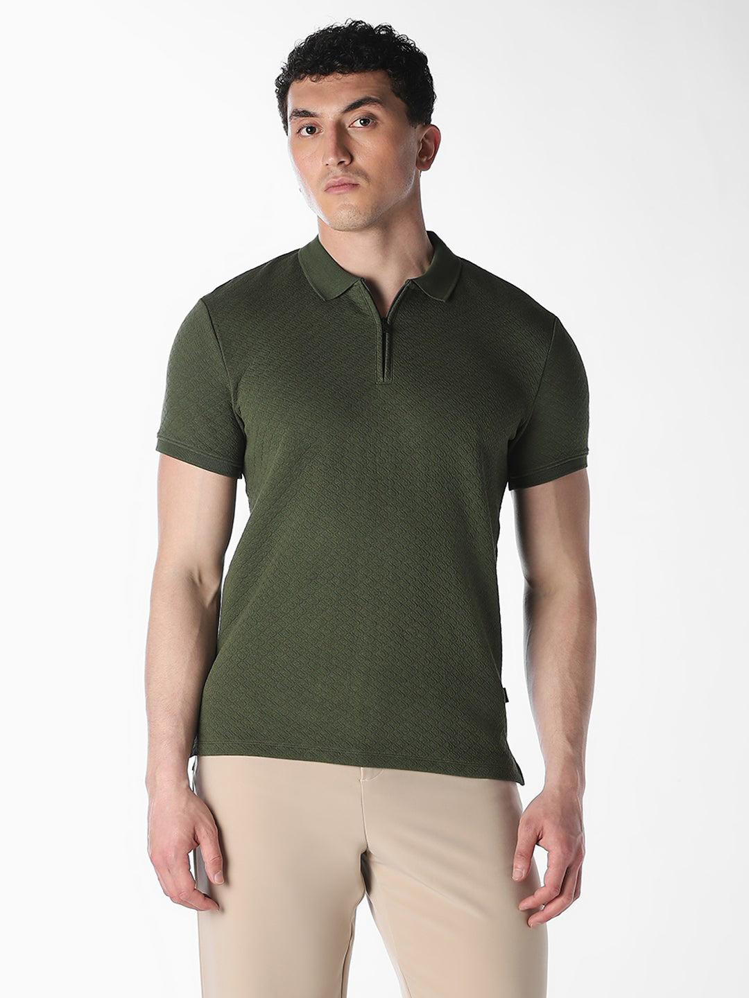 Textured Zip-Up Cotton Polo
