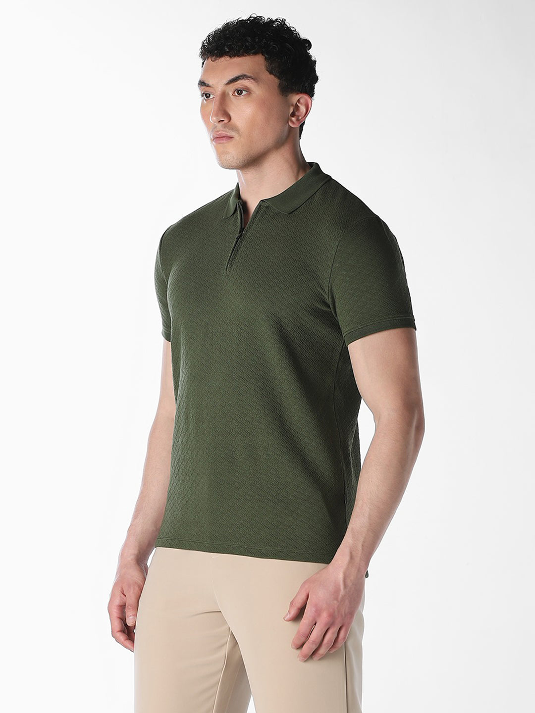 Textured Zip-Up Cotton Polo