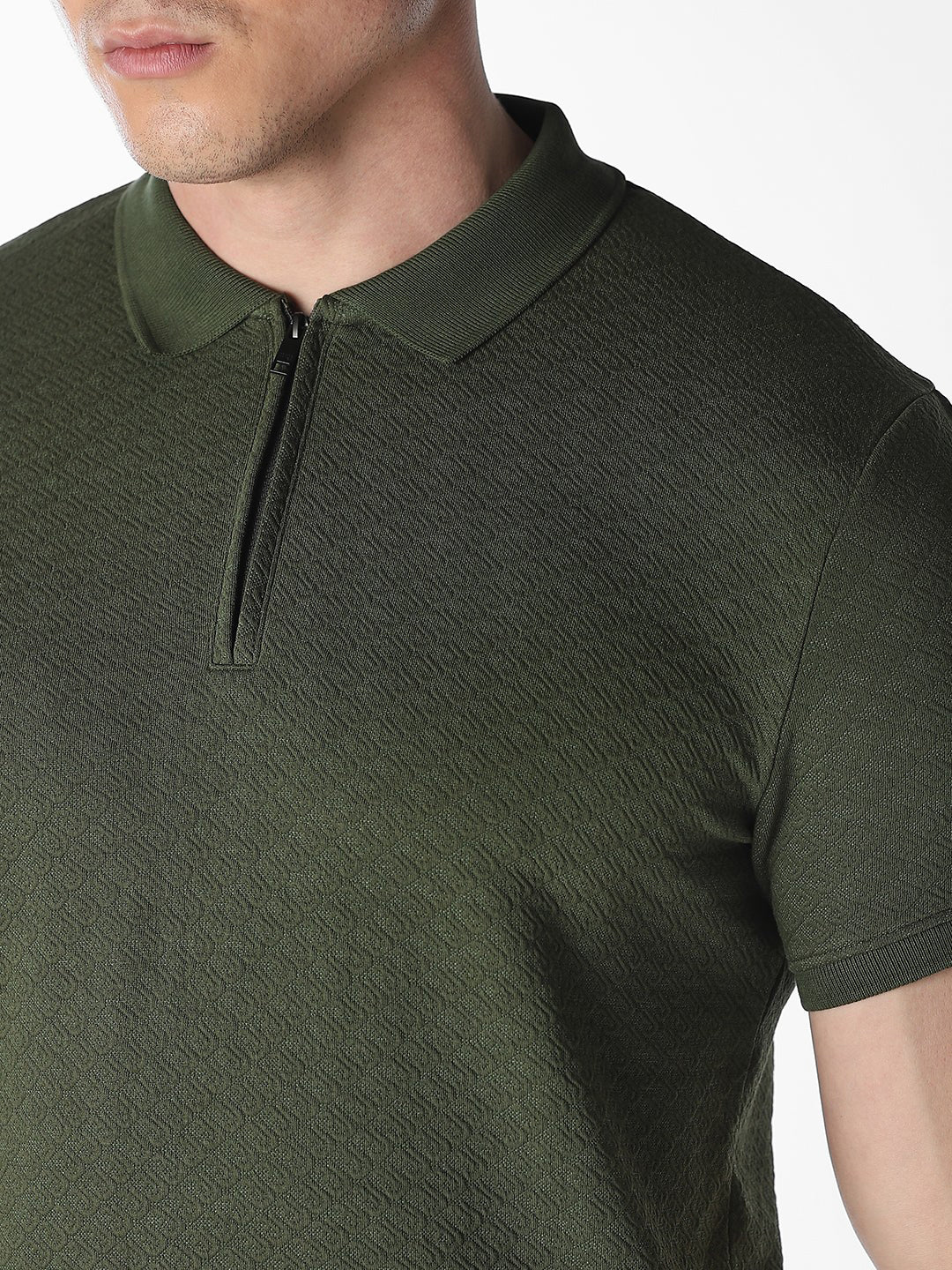 Textured Zip-Up Cotton Polo