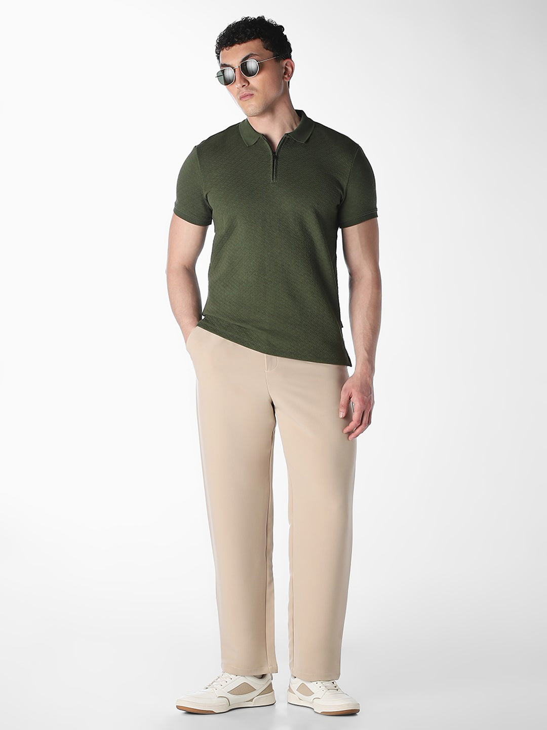 Textured Zip-Up Cotton Polo