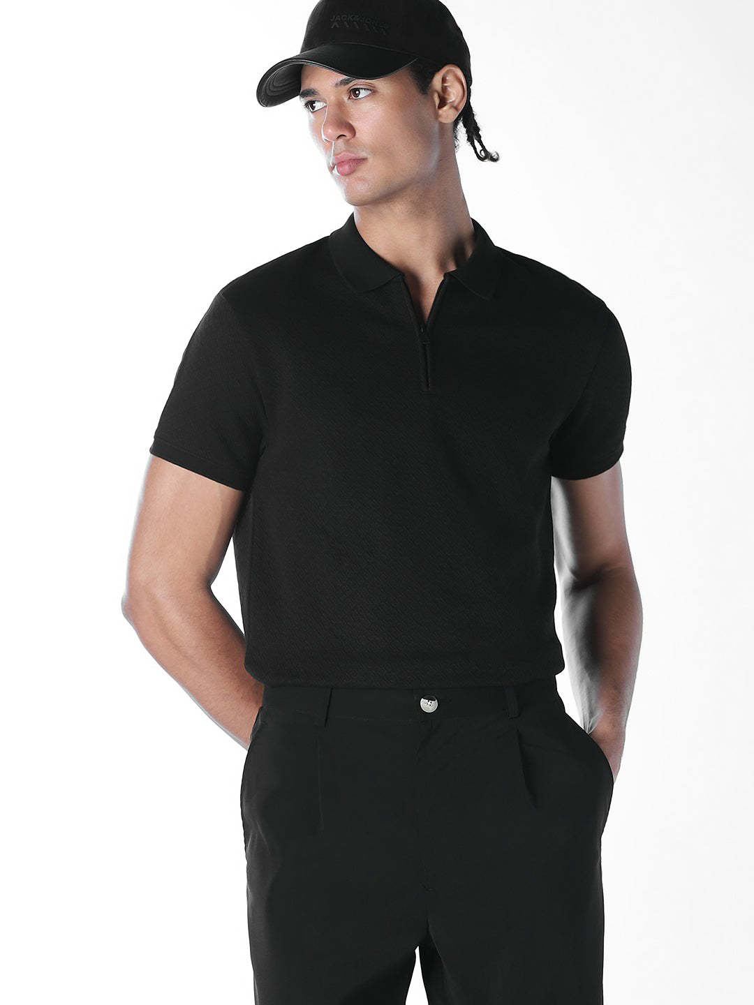 Black Zip Detail Cotton Polo