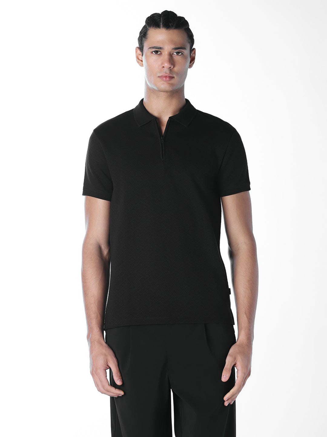 Black Zip Detail Cotton Polo