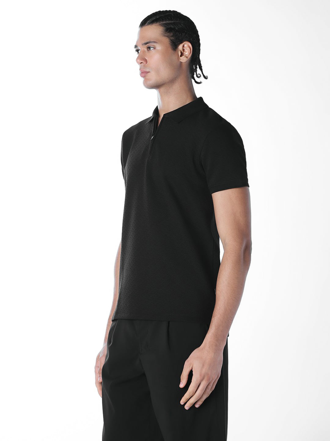 Black Zip Detail Cotton Polo