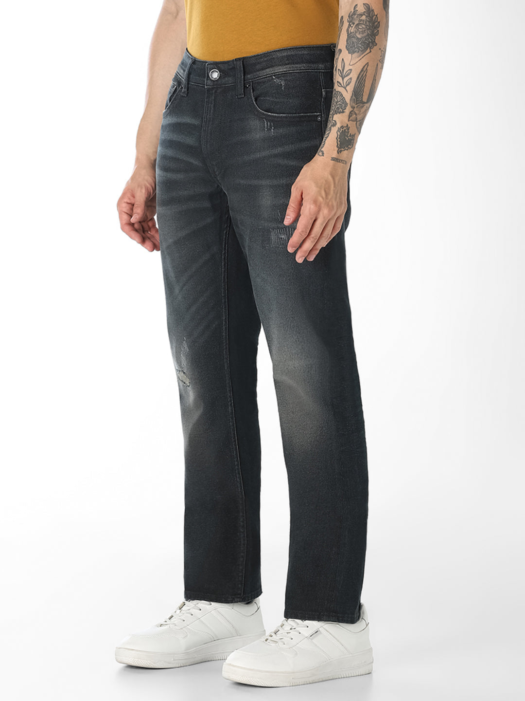 Heavily Washed Distressed Regular Fit Jeans