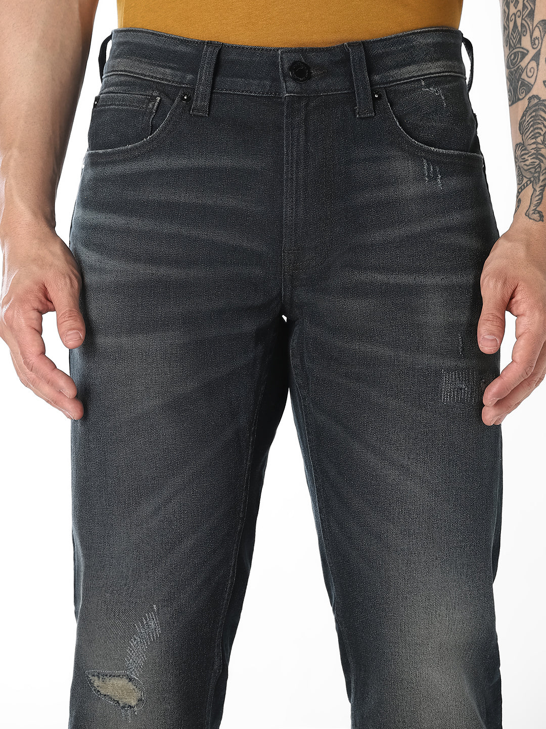 Heavily Washed Distressed Regular Fit Jeans