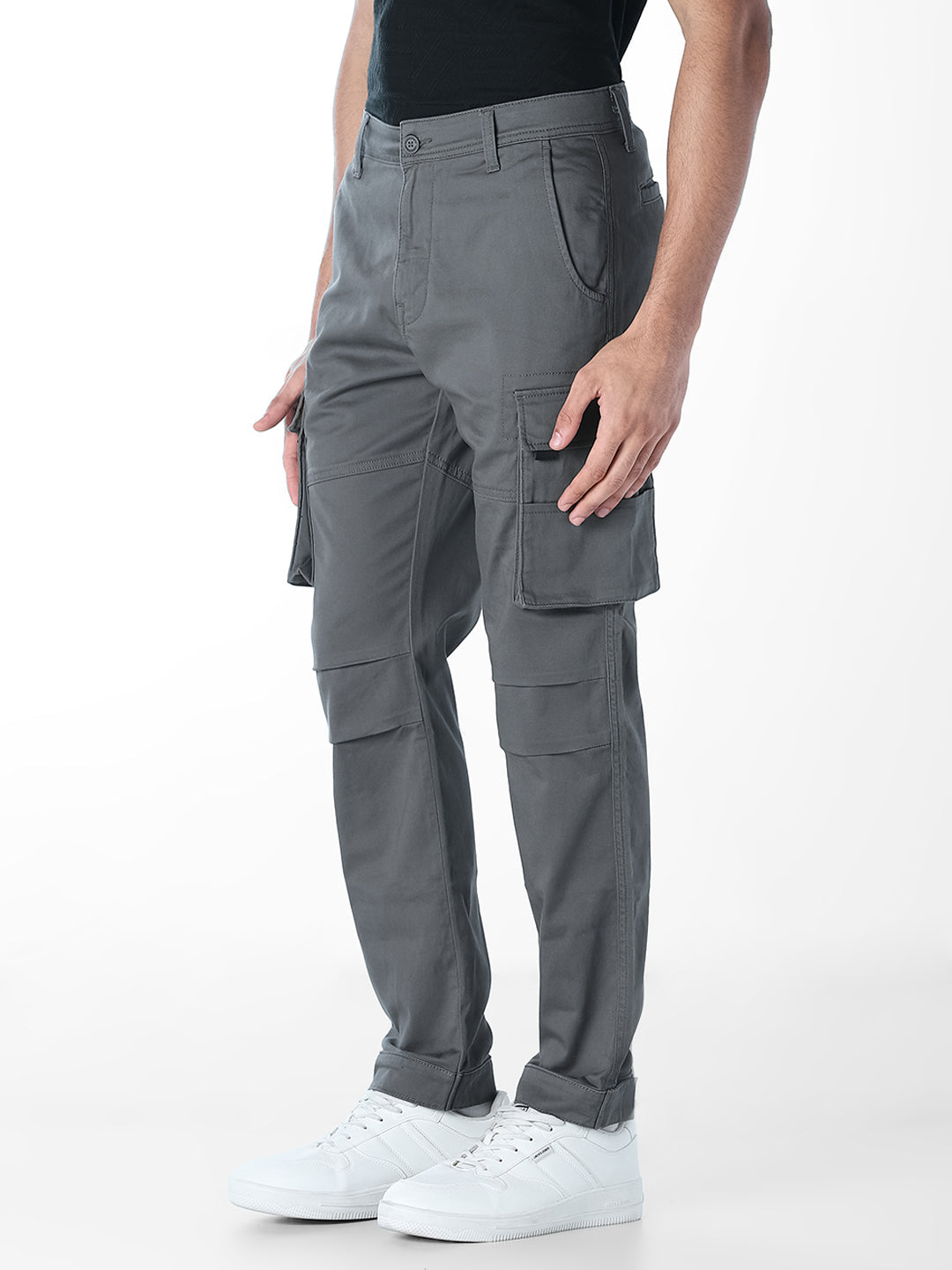 Grey 6 Pocket Regular Fit Cargos
