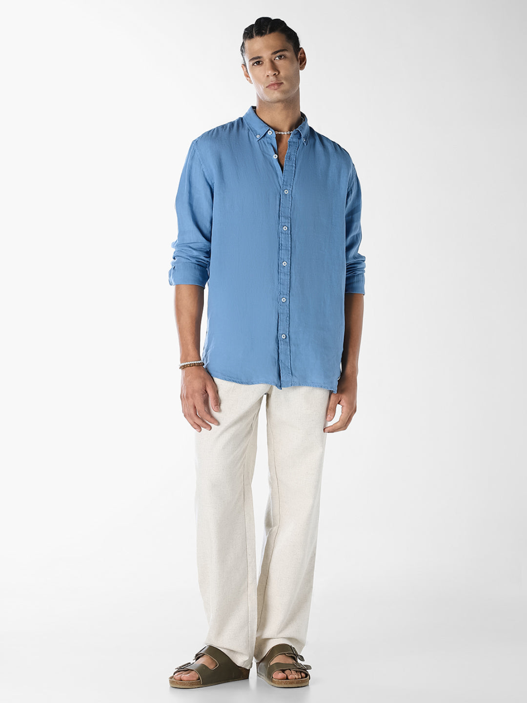 Beige Textured Regular Fit Pants