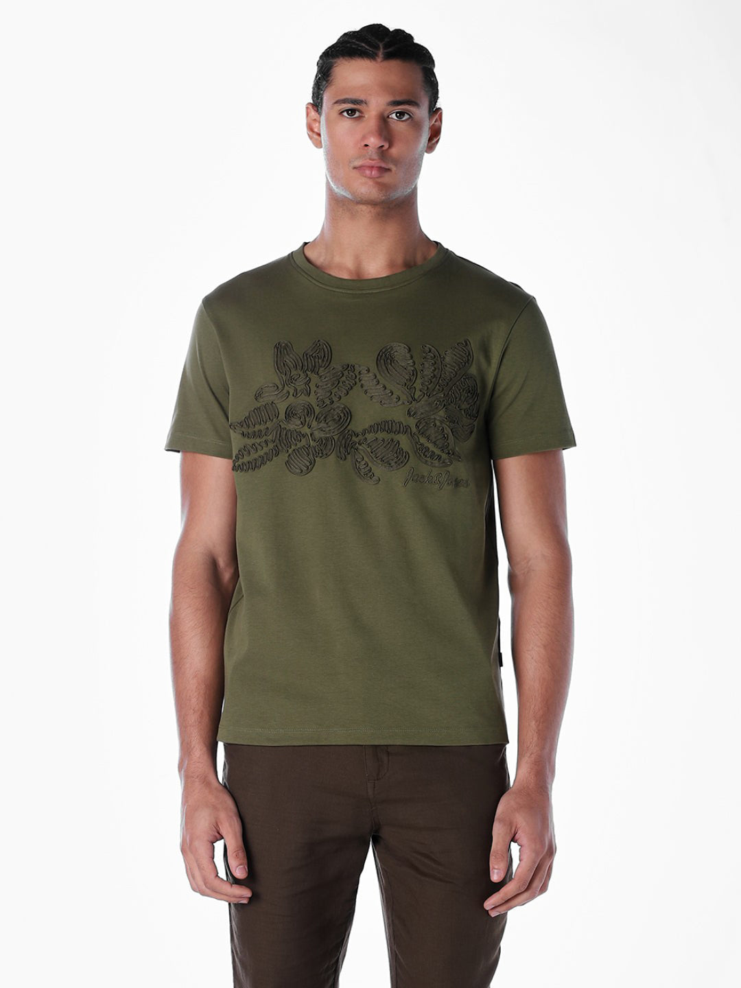 Embroidered Print T-shirt - Olive