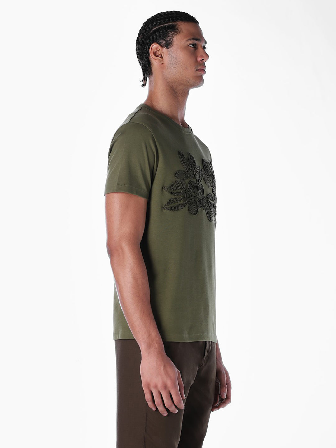 Embroidered Print T-shirt - Olive