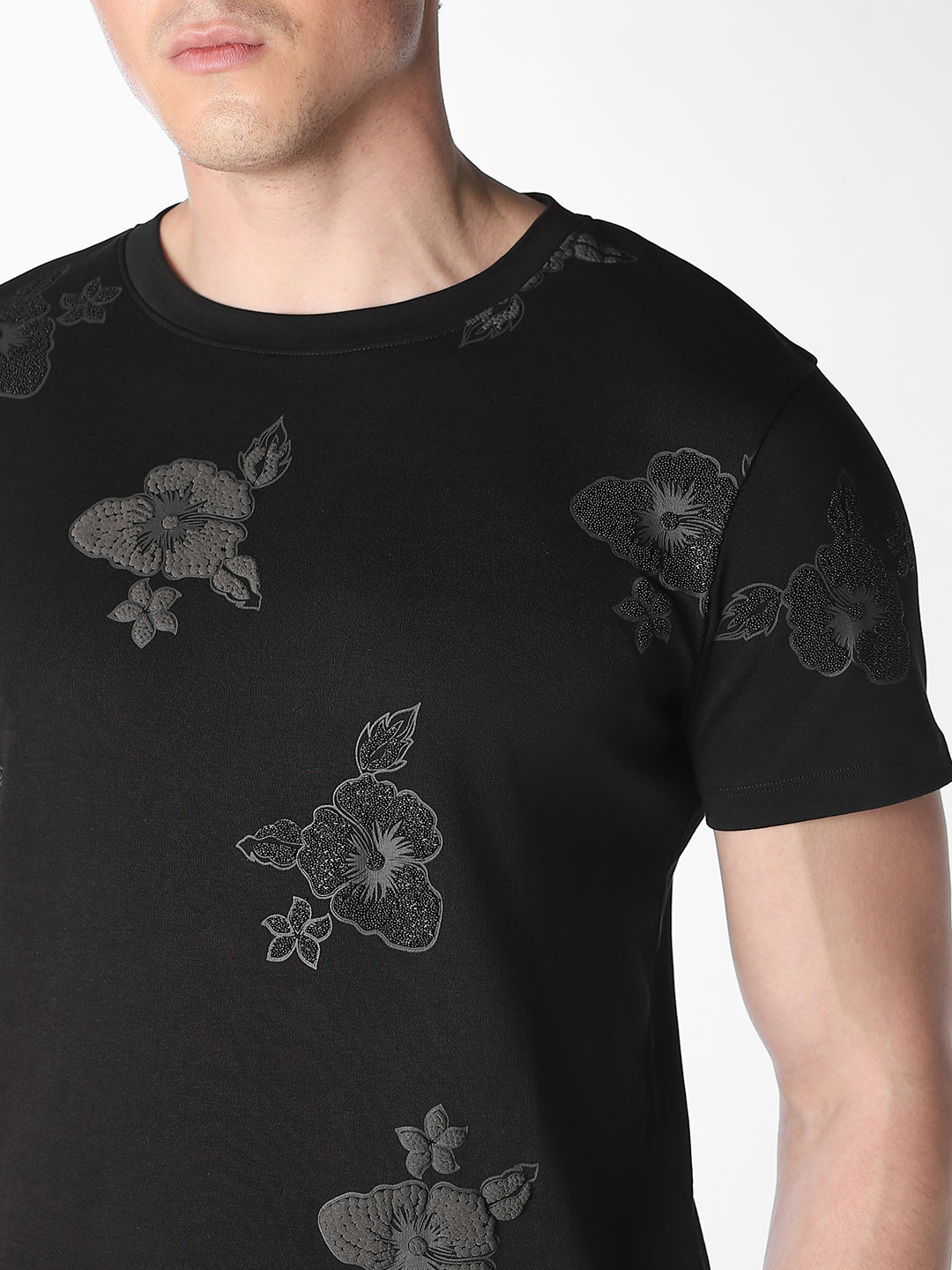 Black Floral Embroidered T-Shirt