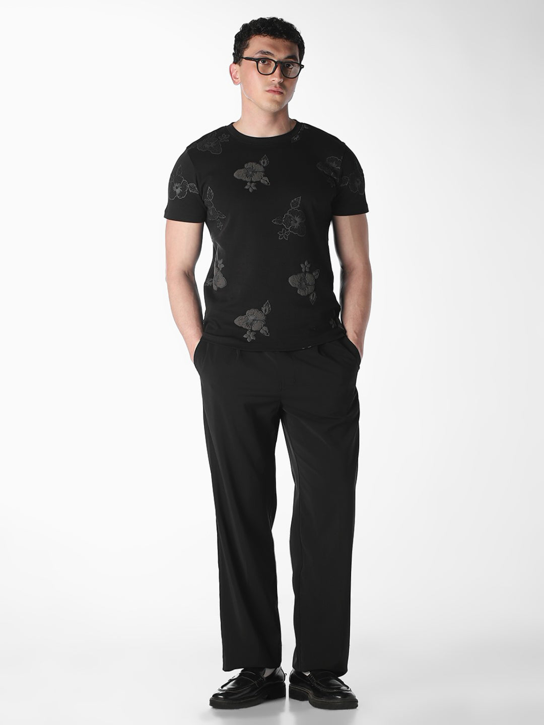 Black Floral Embroidered T-Shirt