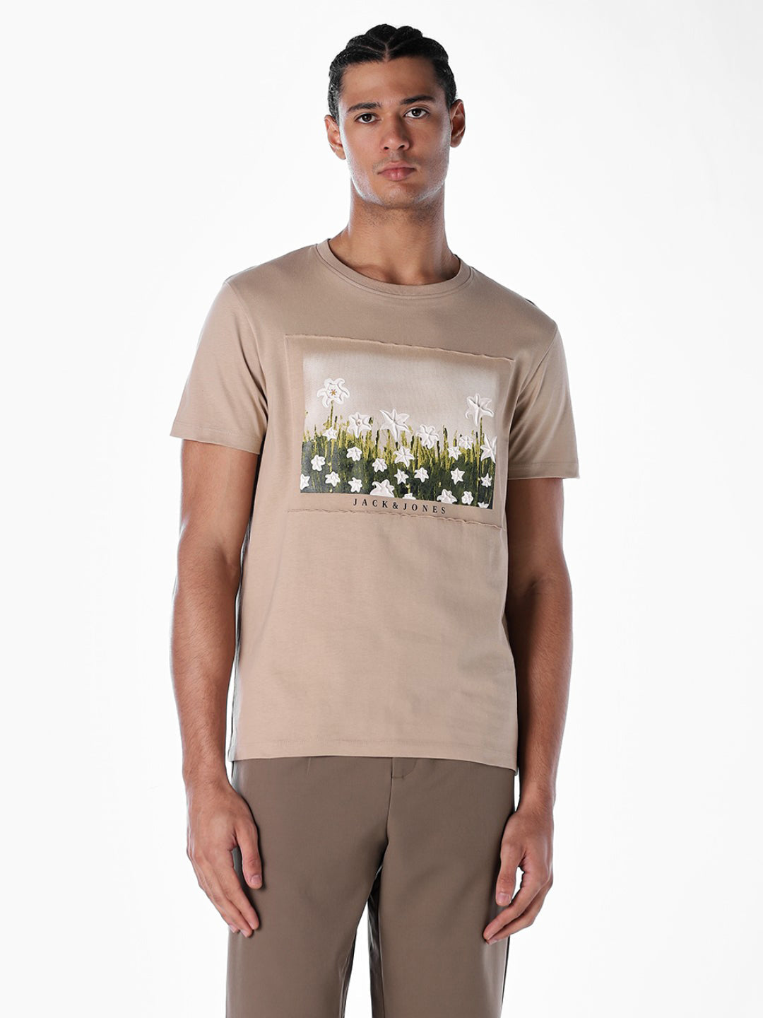 Beige Printed Cotton T-shirt