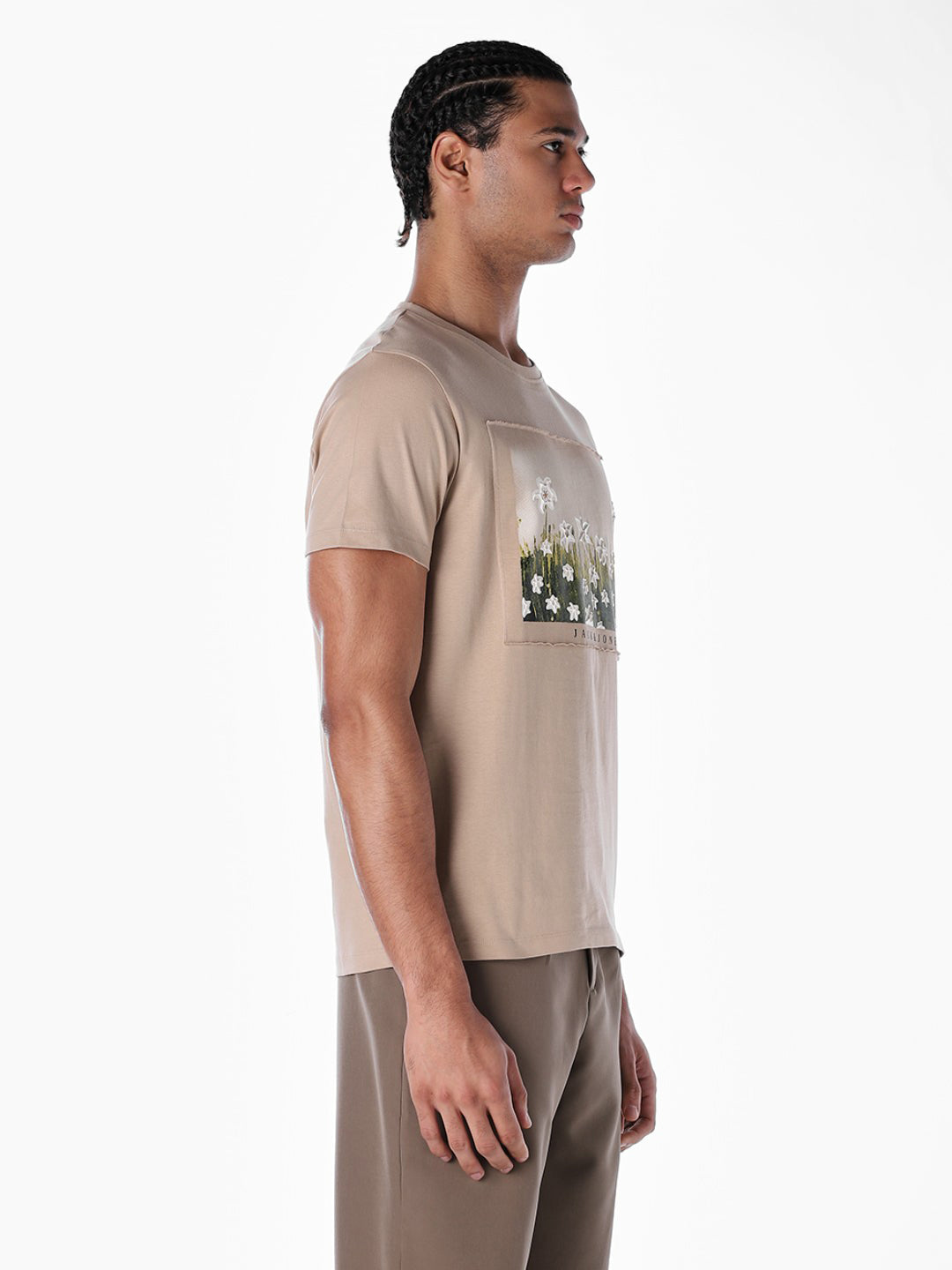 Beige Printed Cotton T-shirt