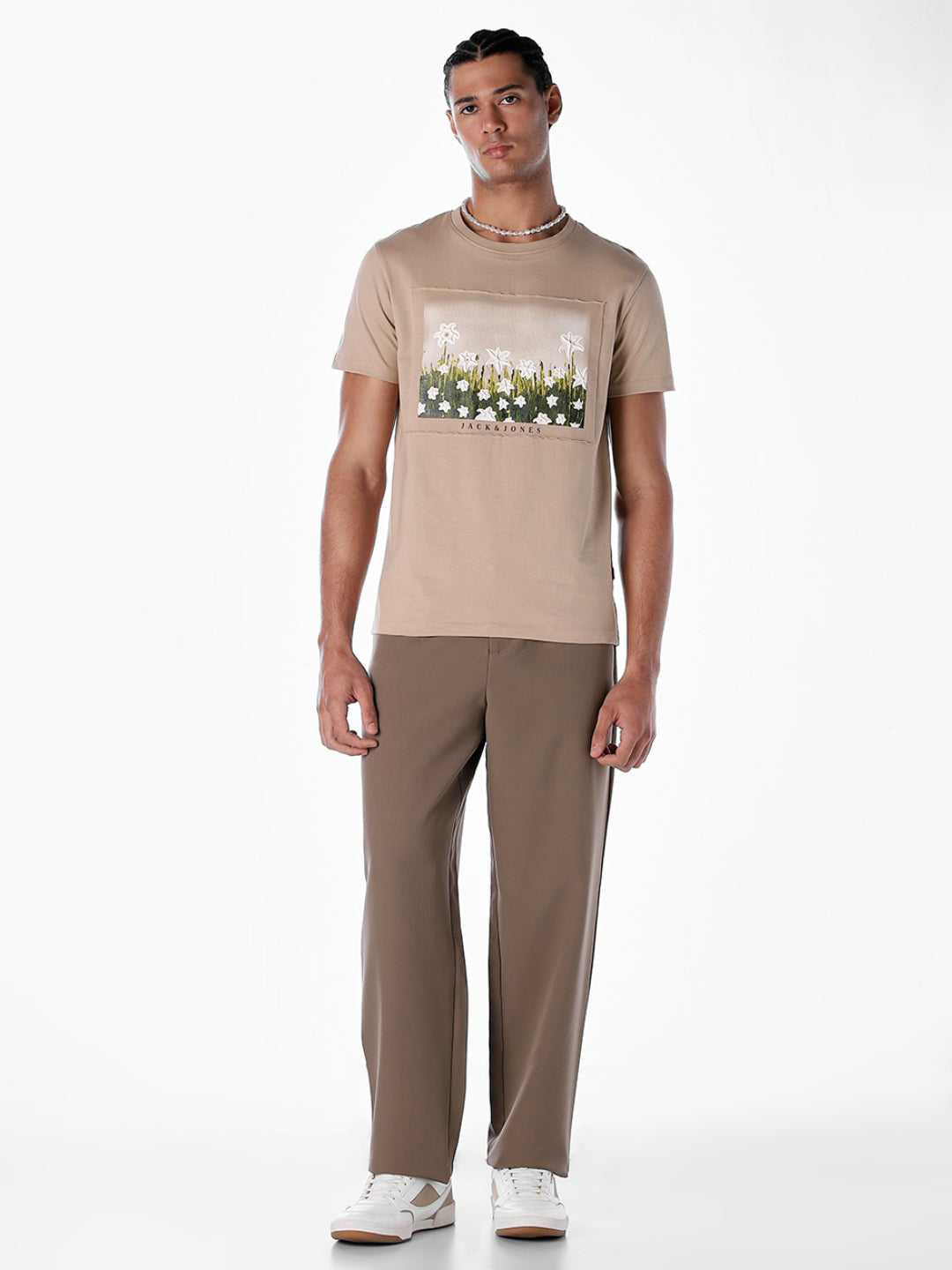 Beige Printed Cotton T-shirt