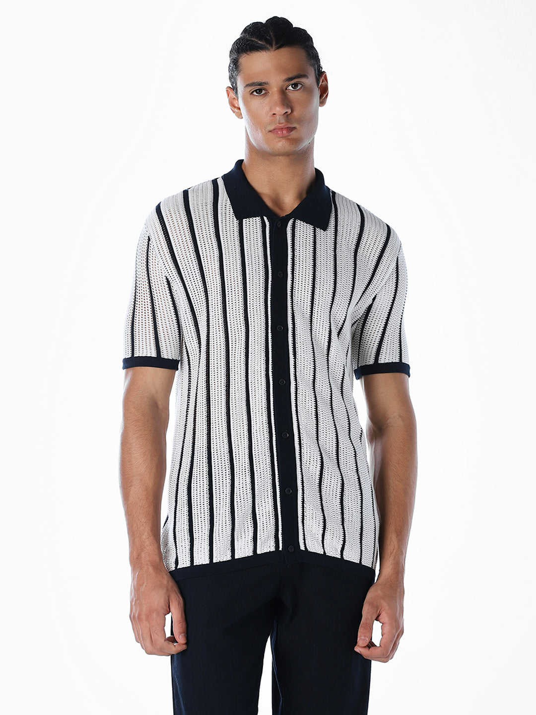 Jacquard Front Open Knit Polo