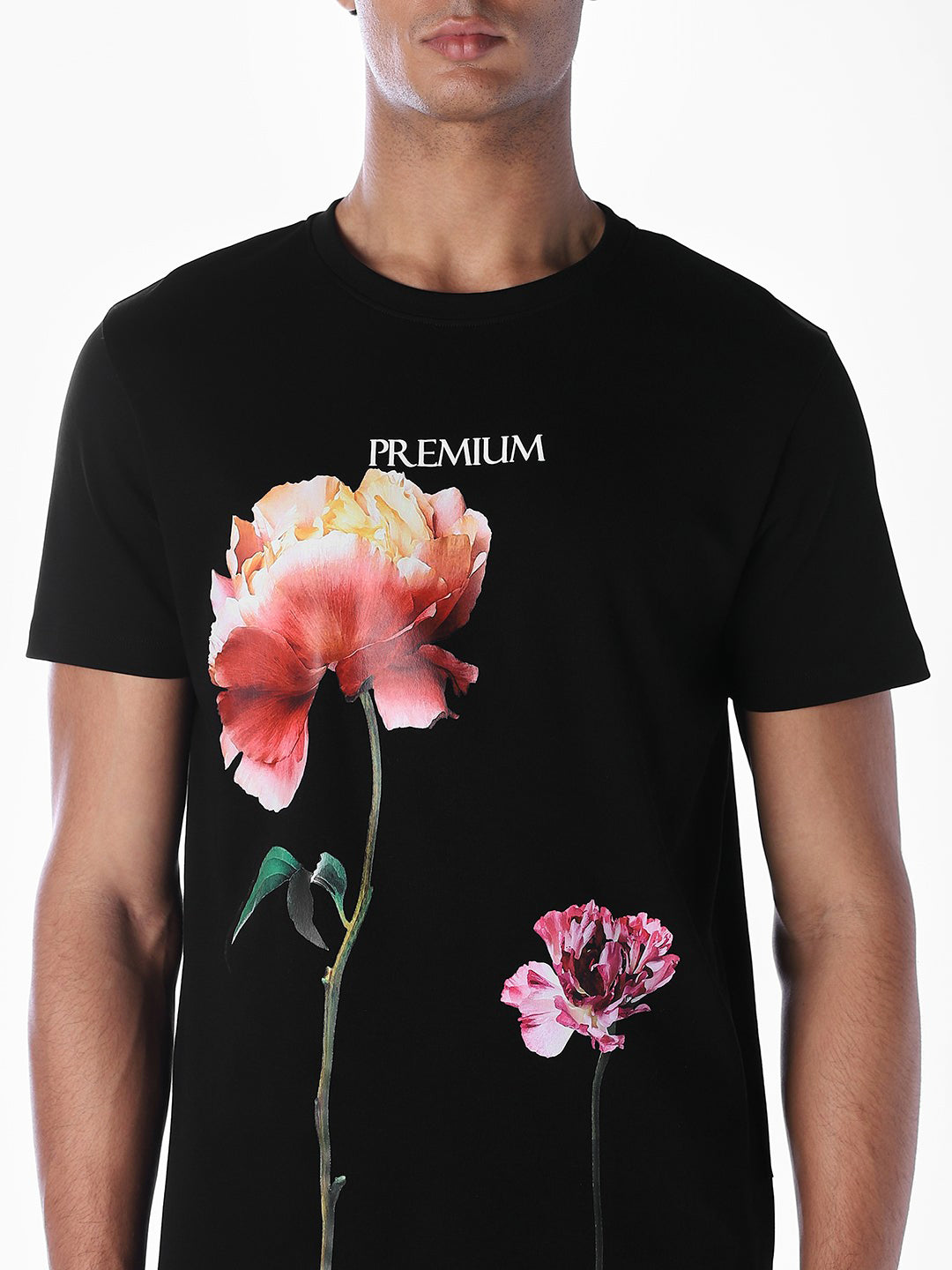 Black Floral Placement Print T-shirt