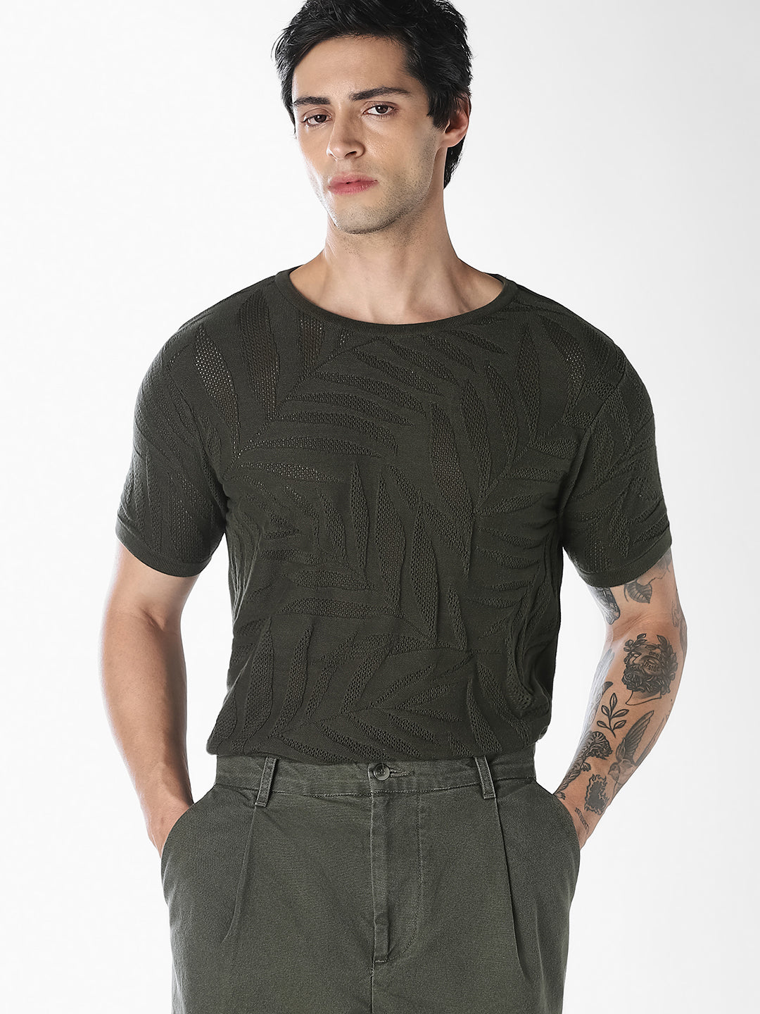 Jacquard Crew Neck Cotton T-shirt